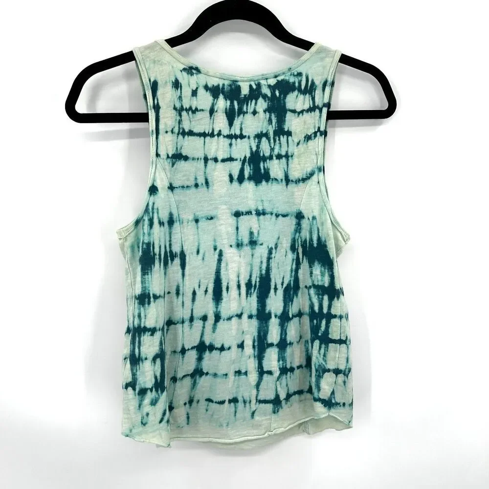 FREE PEOPLE Blue Green Tie Dye Y2K Scoop Neck Beaded Boho Tank Top Size XS